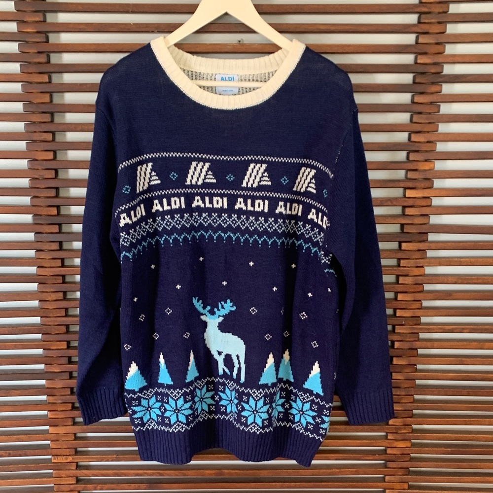 ALDI Blue Holiday Sweater with Reindeer Design